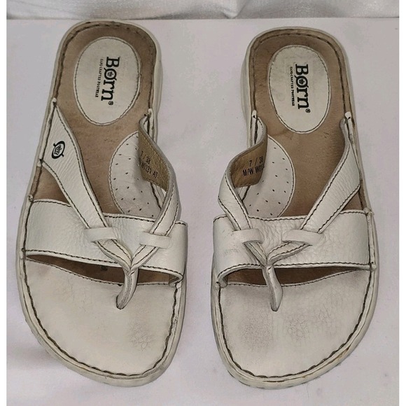Born Womens Ivory Leather Slip On Flip Flop Thong Sandals Size 7 Rustic Comfort - Picture 1 of 10
